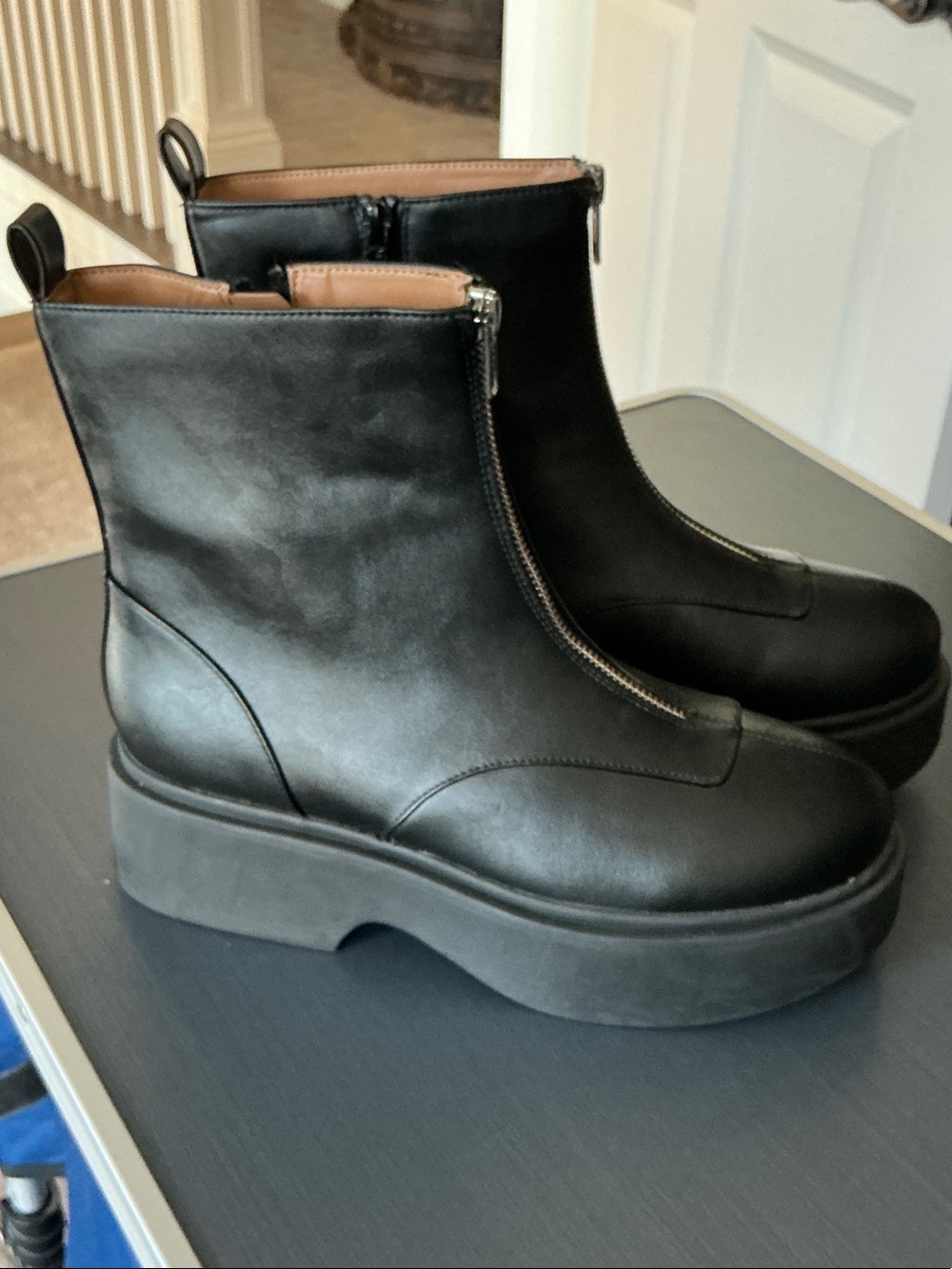 Black Front-Zip Platform Ankle Boots
